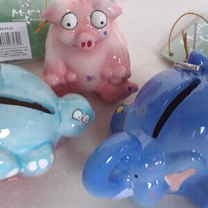 Set Of 3 Ceramic Coin Banks-Pig, Elephant, and Dinosaur